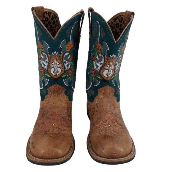 Ariat Rodeo Day Of The Dead Skull Rose Cowboy Boots Tan Turquoise Sz 8.5 - Picture 5 of 12